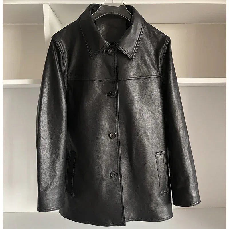 Women Genuine Leather Jacket Oversized Mid-Length Bomber Coat