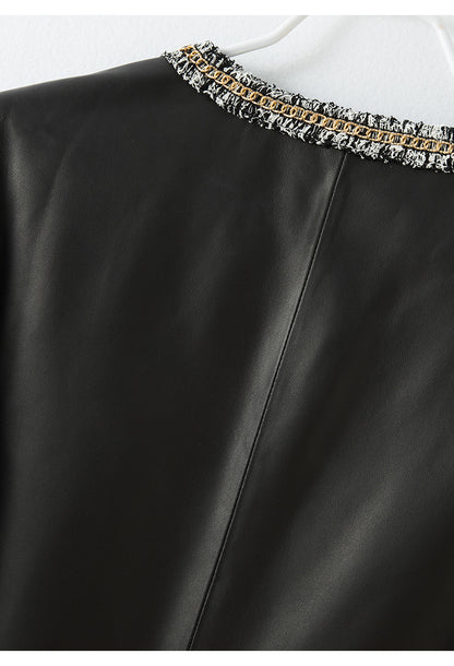 Women’s Leather Jacket with Chain Trim and Tweed Edge