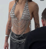 Silver Rhinestone Bra Chain Top with Layered Drapes
