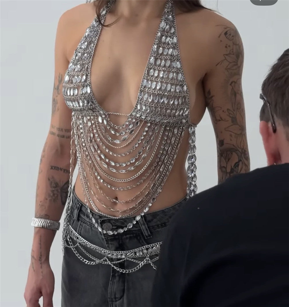 Silver Rhinestone Bra Chain Top with Layered Drapes