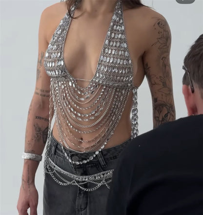 Silver Rhinestone Bra Chain Top with Layered Drapes