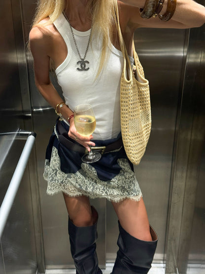 Satin Lace Splicing High Waist Mini Skirt for Women