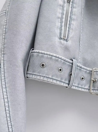 Women’s Short Faux Leather Motorcycle Jacket with Waist Belt