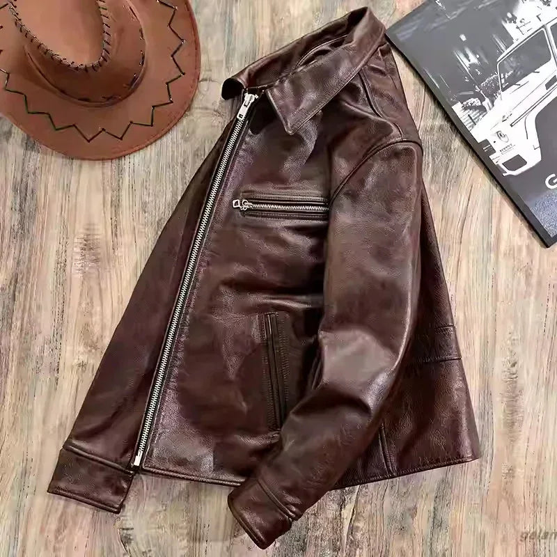 Men’s Retro Waxed Cowhide Leather Jacket