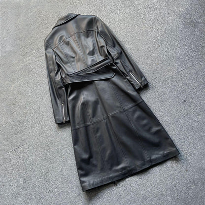 Women long leather trench motorcycle coat - Boho Living Room