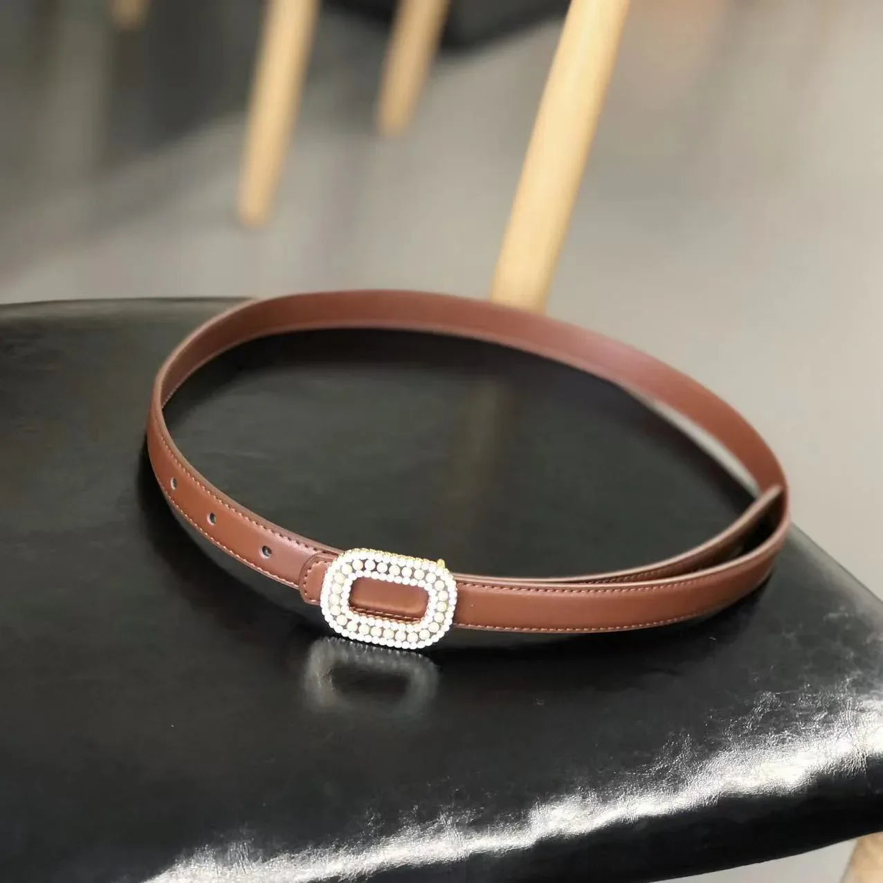 Women Pearl Buckle Split Cowhide Thin Leather Belt