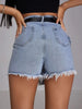 Asymmetrical denim mini skort with frayed hem