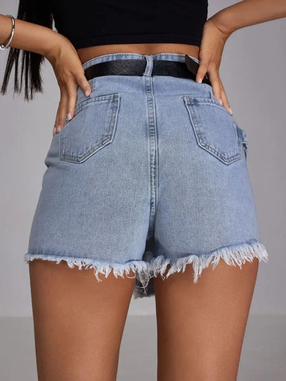 Asymmetrical denim mini skort with frayed hem