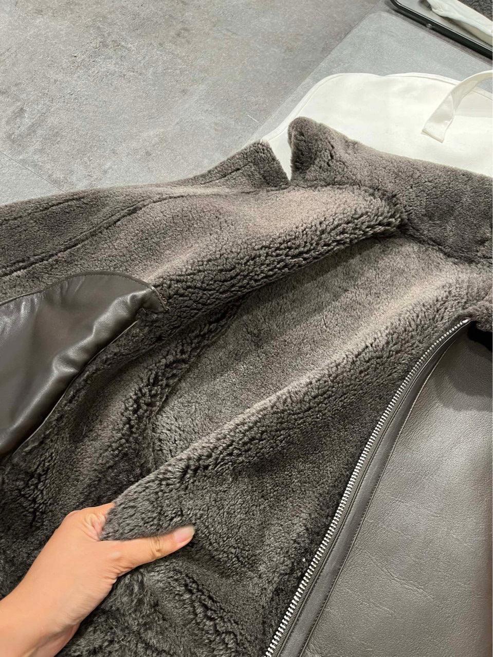 Women Leather Bomber Jacket with Real Fur Lining