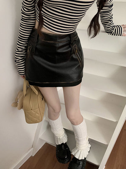 Women Brown PU High Waisted Leather Mini Skirt