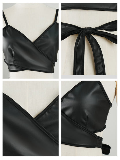 Black pu leather wrap crop top