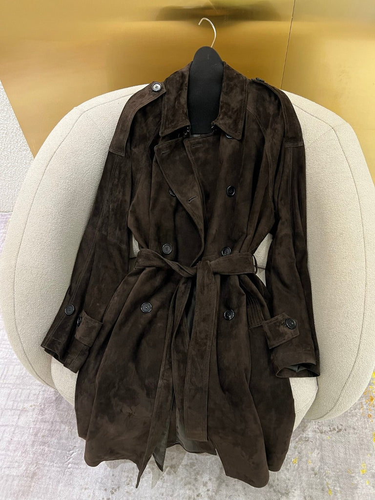 Women’s Brown Suede Double-Breasted Trench Coat with Belt