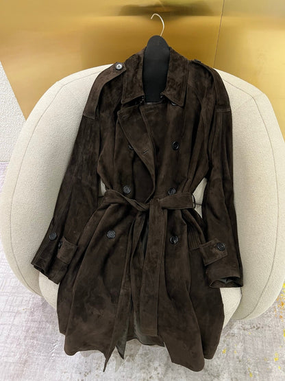 Women’s Brown Suede Double-Breasted Trench Coat with Belt