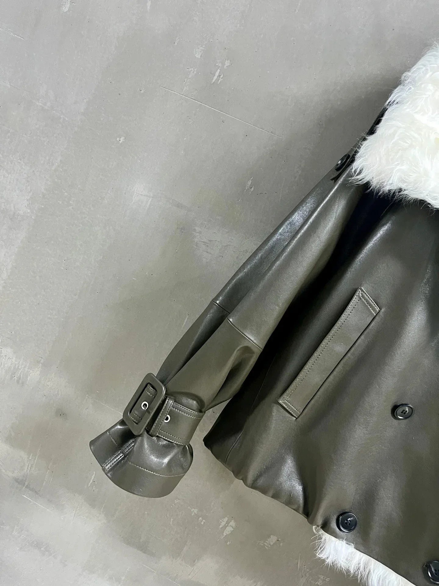 Women’s Olive Green Leather Jacket with Real Fur Collar