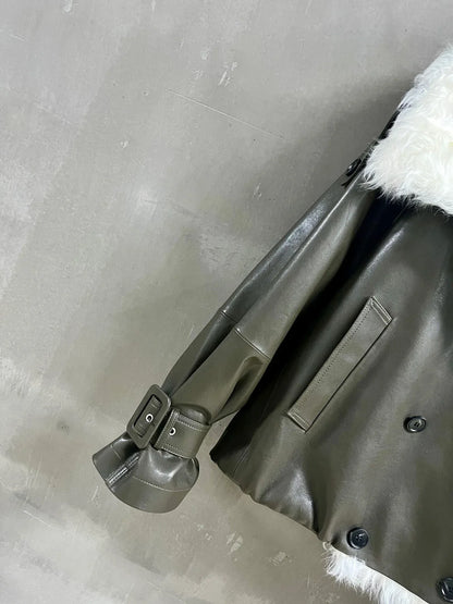 Women’s Olive Green Leather Jacket with Real Fur Collar