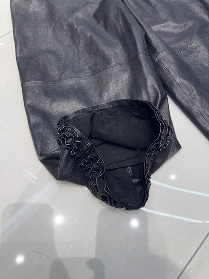 Women Wide Leg Leather Pants High Waisted Nine Point Trousers
