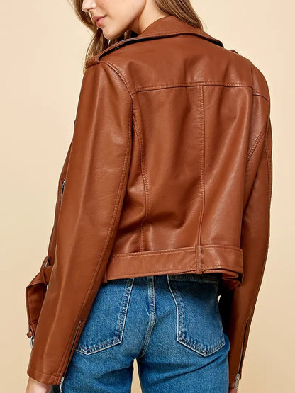 Women PU Cropped Leather Biker Jacket