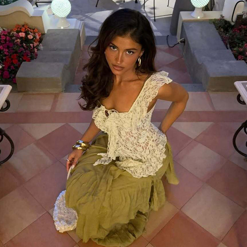 Lace-Up One Shoulder Top for Women Ruffle Ribbon Blouse