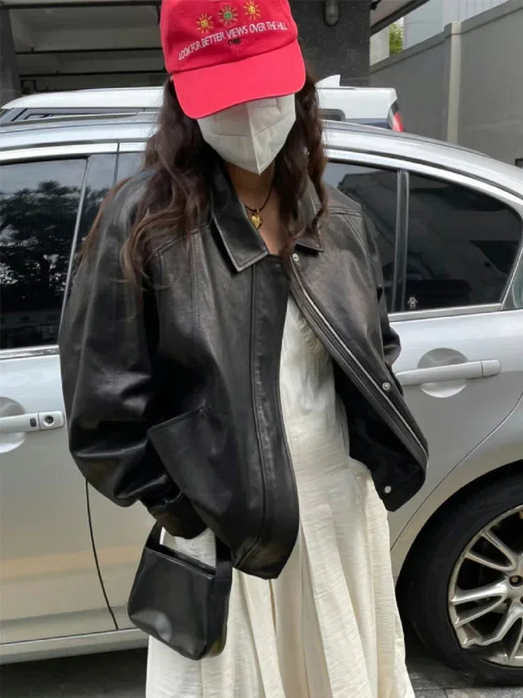 Oversized Black Leather Bomber Jacket Women