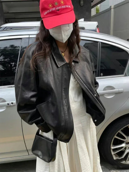 Oversized Black Leather Bomber Jacket Women