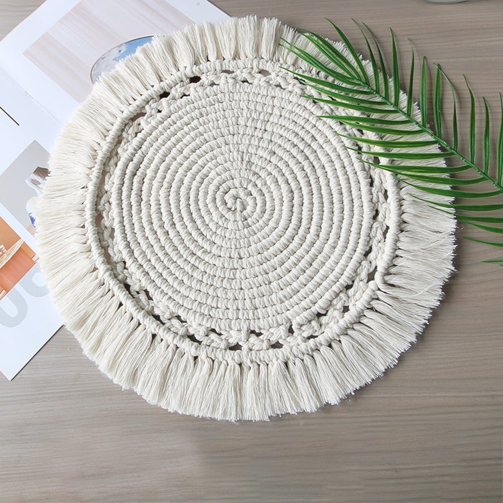 Handmade Boho Round Macrame Cotton Placemat with Tassels