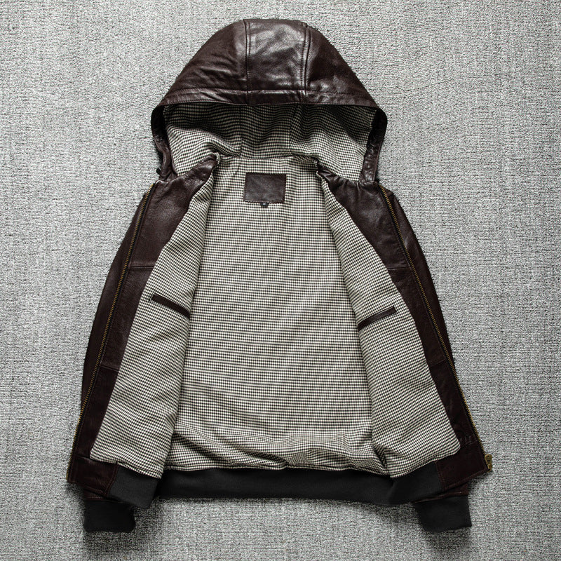 Men Hooded Goatskin Leather Bomber Baseball Jacket