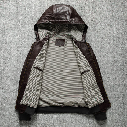 Men Hooded Goatskin Leather Bomber Baseball Jacket
