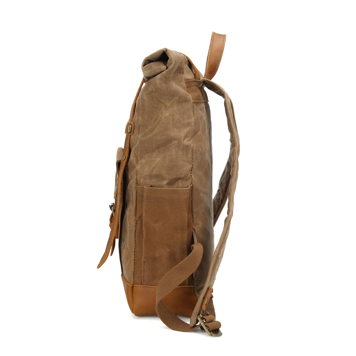 Canvas Backpack with Roll Top, Brown Trim and Organized Storage