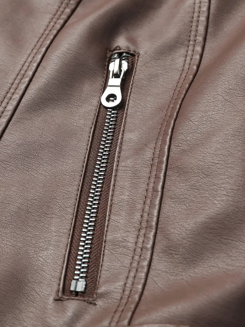 Brown PU Leather Biker Jacket for Women