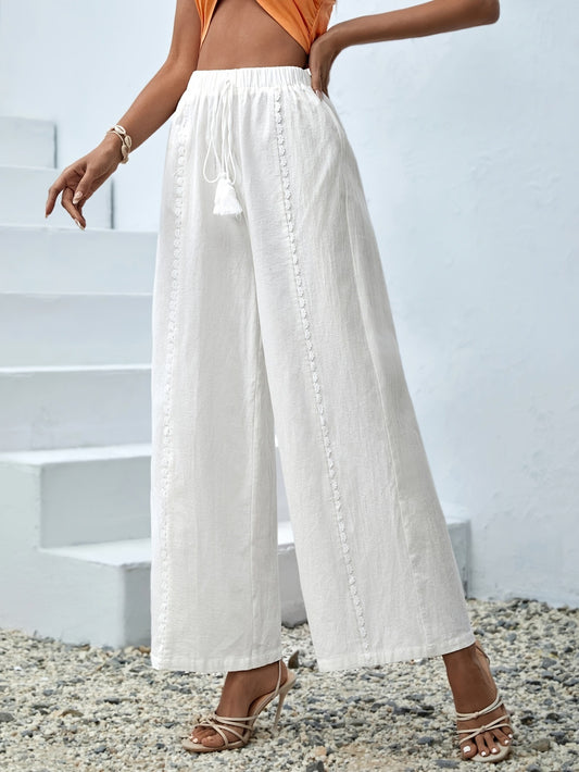 White Cotton Wide Leg Beach Pants for Women
