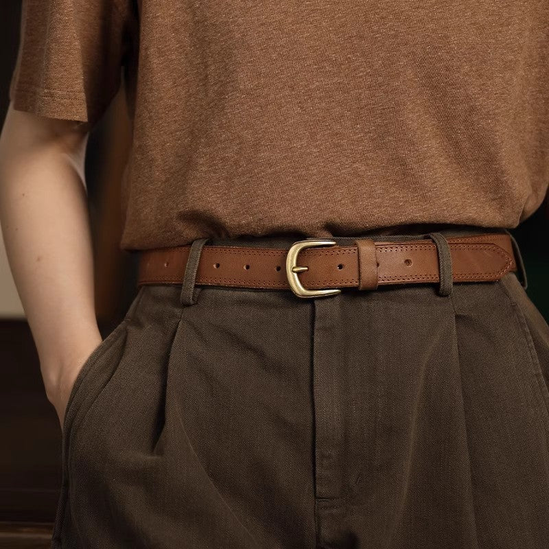 Women’s Brown Leather Belt with Top-Grain Cowhide Brass Buckle