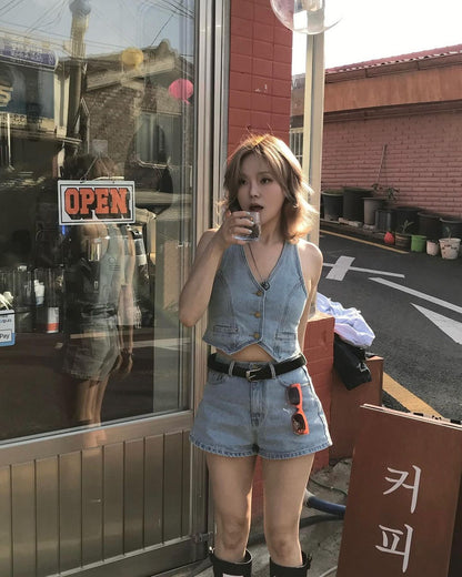 women sleeveless denim cropped vest casual