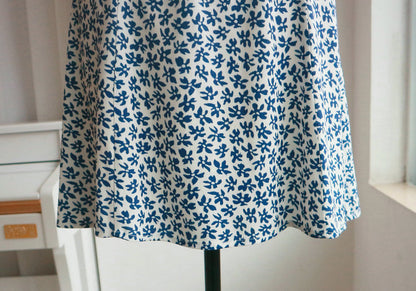 French Retro Blue Floral Button-Front A-Line Mini Dress
