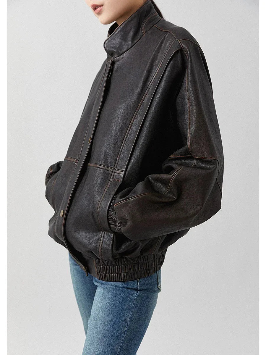 Women oversized vintage sheepskin leather jacket