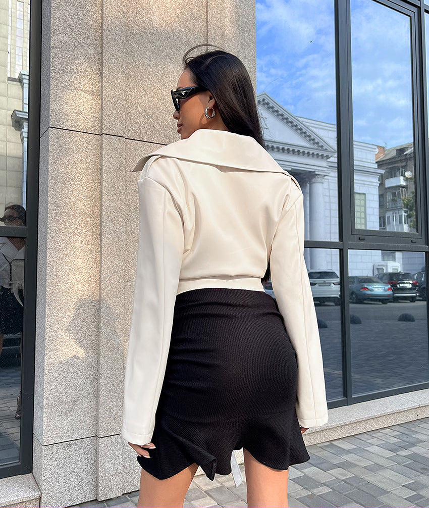 Slim Fit Cropped Faux Leather Moto Jacket for Women