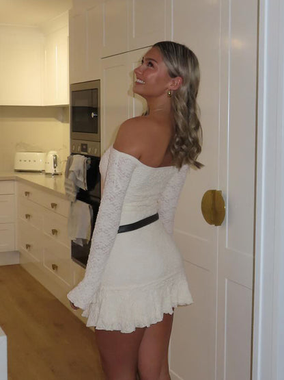 white off shoulder lace mini dress long sleeve fitted