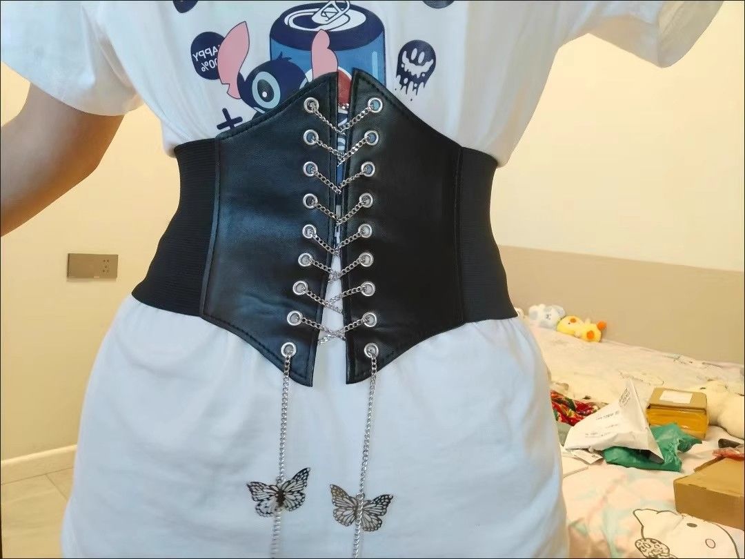 Black Butterfly Chain Faux Leather Elastic Waist Belt
