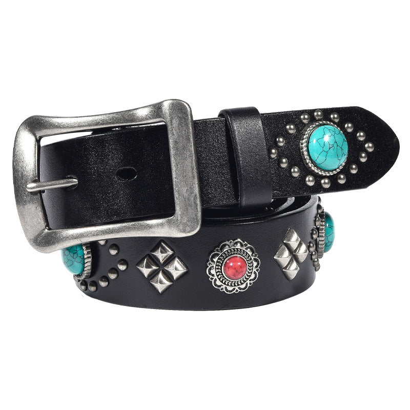 Western Punk Leather Belt with Studs and Turquoise Stones