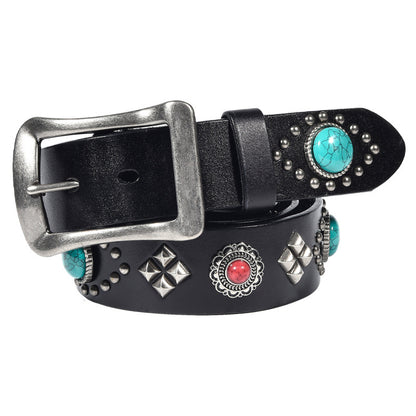 Western Punk Leather Belt with Studs and Turquoise Stones