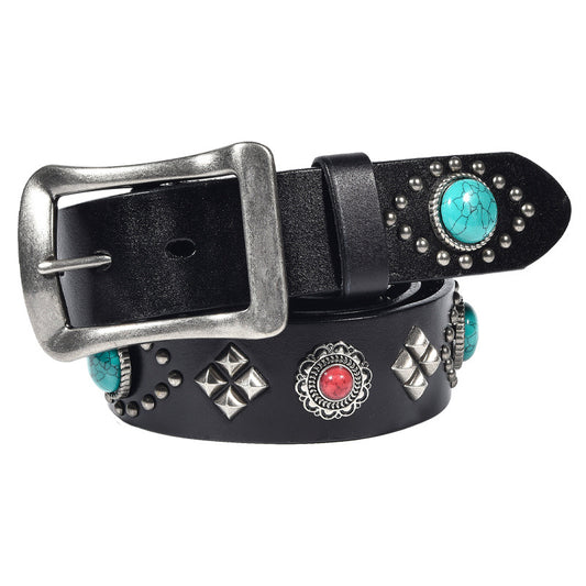 Western Punk Leather Belt with Studs and Turquoise Stones