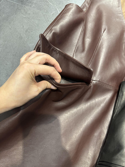 Women Oil-Waxed Genuine Leather V-Neck Vest Dress