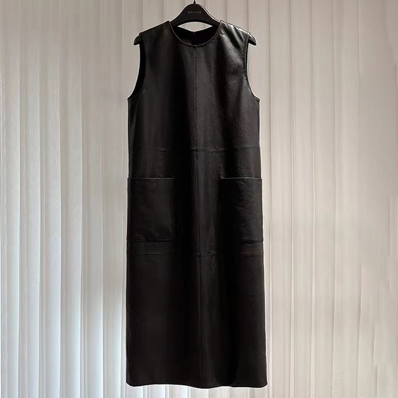 Women Black Genuine Leather Sleeveless Long Dress