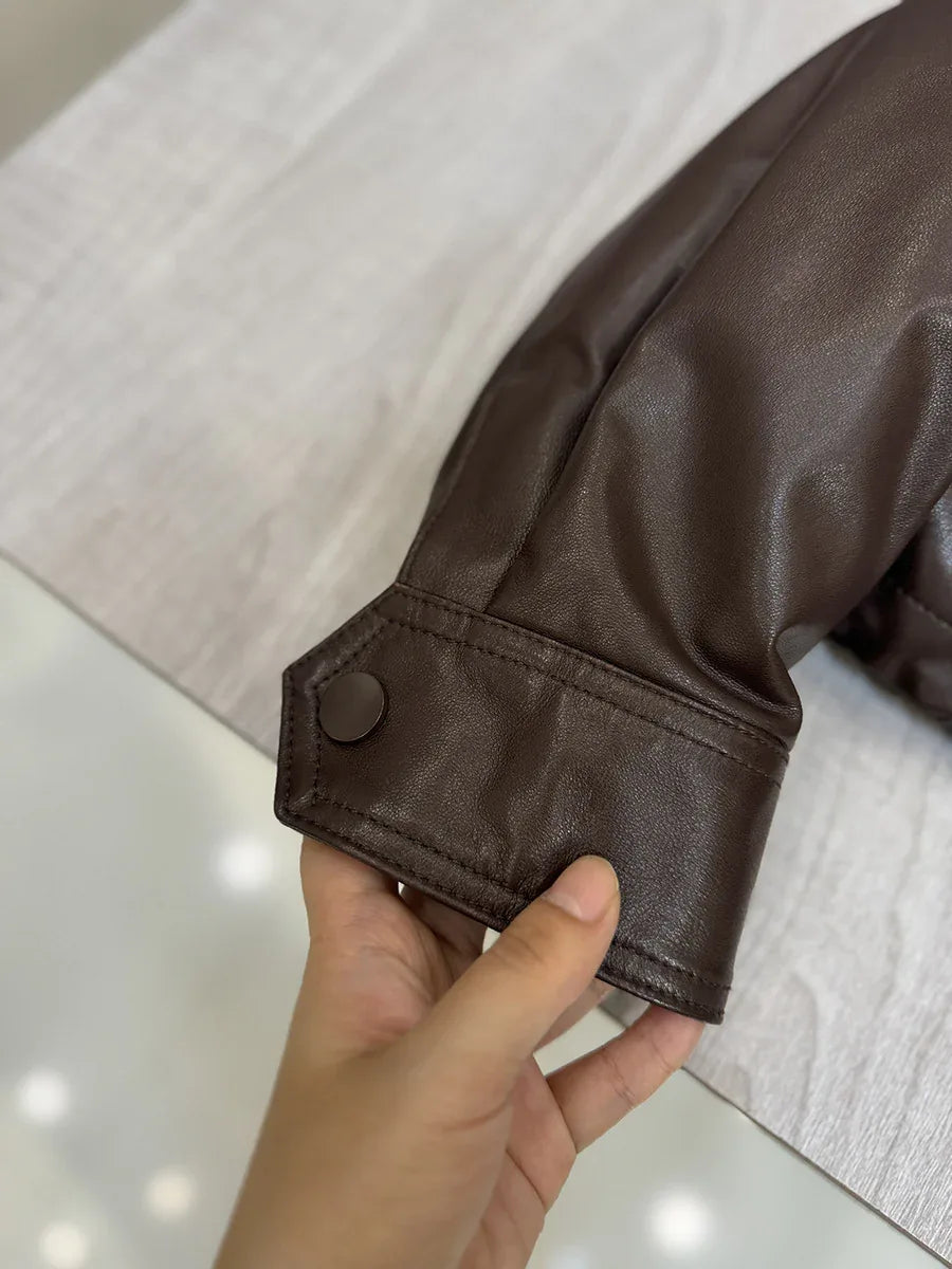 Leather bomber jacket for women with wool fur collar
