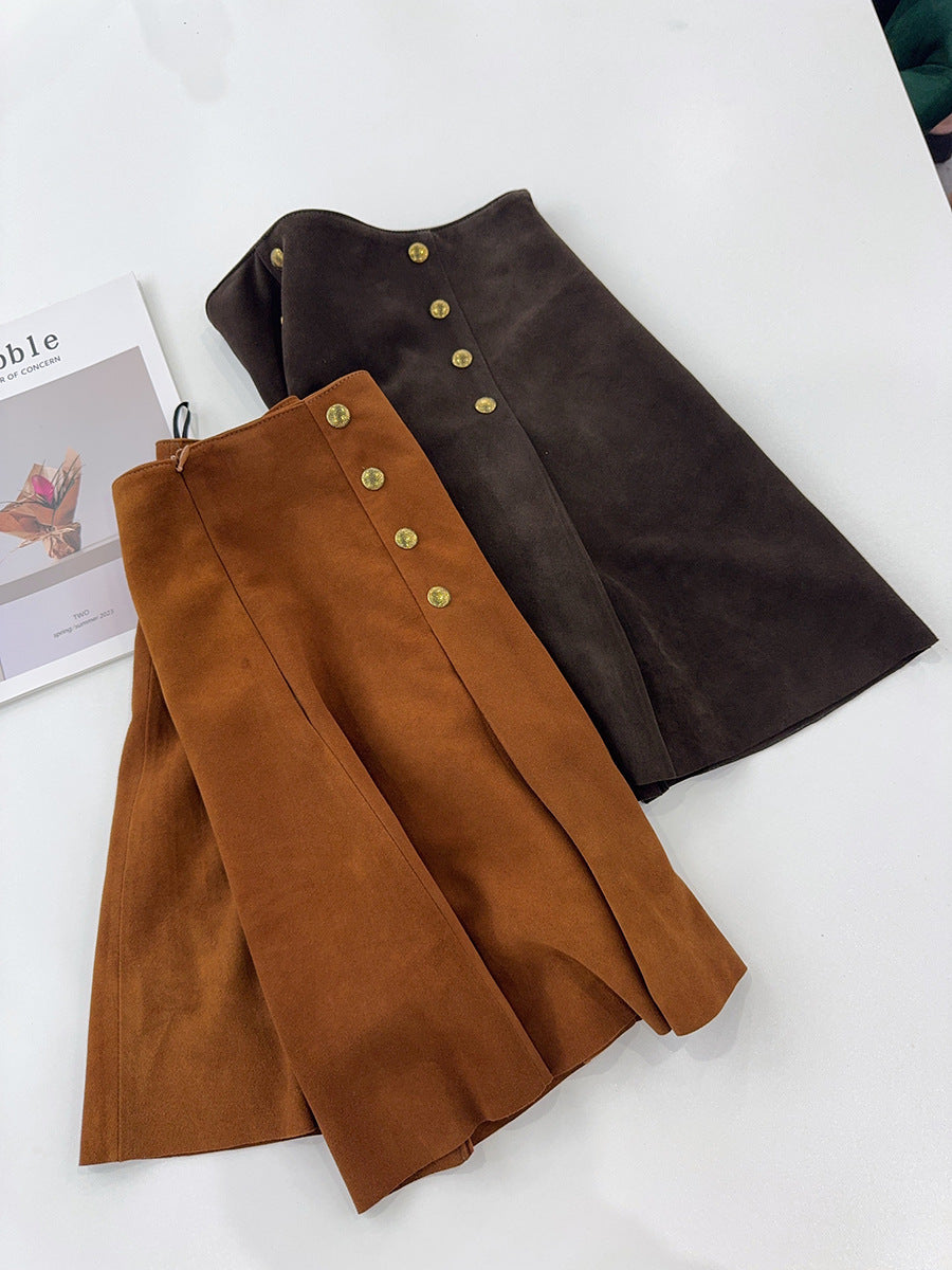 High-Waisted Suede Skirt with Gold Button Detail