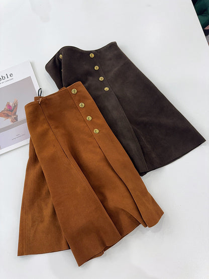 High-Waisted Suede Skirt with Gold Button Detail