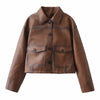 Brown Faux Leather Bomber Jacket for Women Cropped