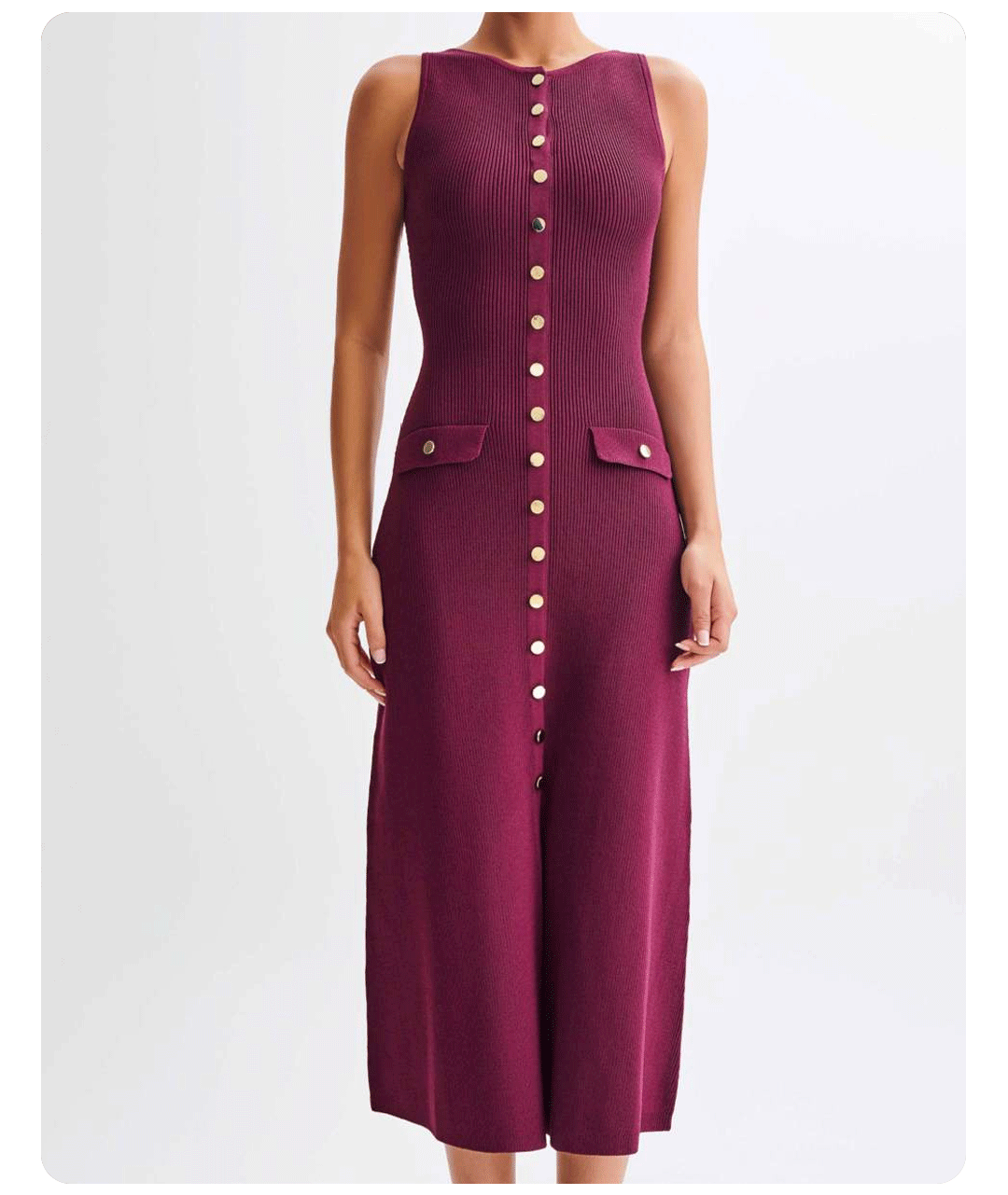 Burgundy Sleeveless Gold-Button Rib Knit Dress