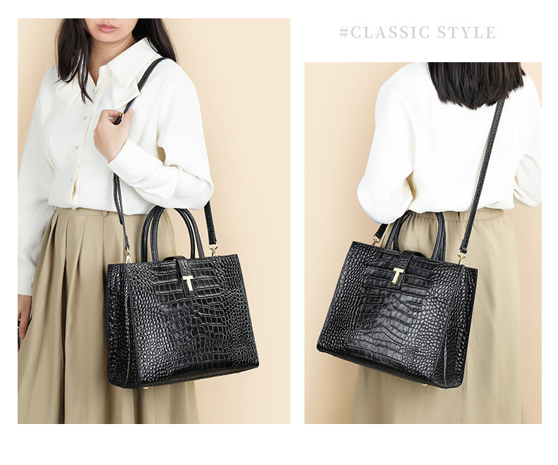 Black Crocodile Print Leather Shoulder Bag Crossbody
