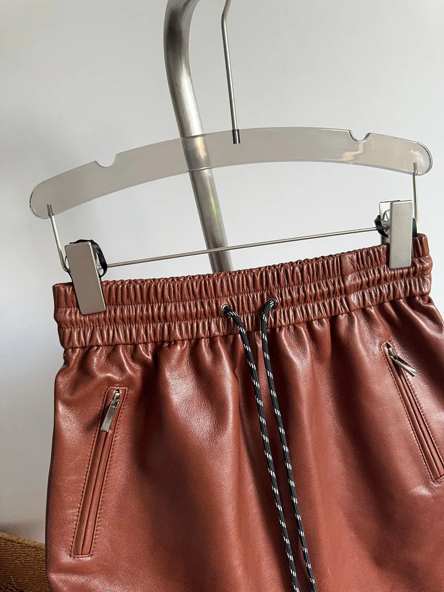 Genuine sheepskin leather mini skirt with drawstring