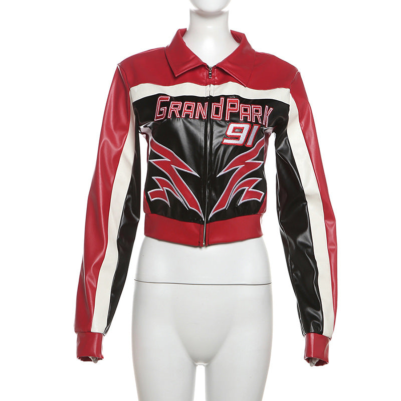 Red Faux Leather Bomber Jacket Women Moto Style